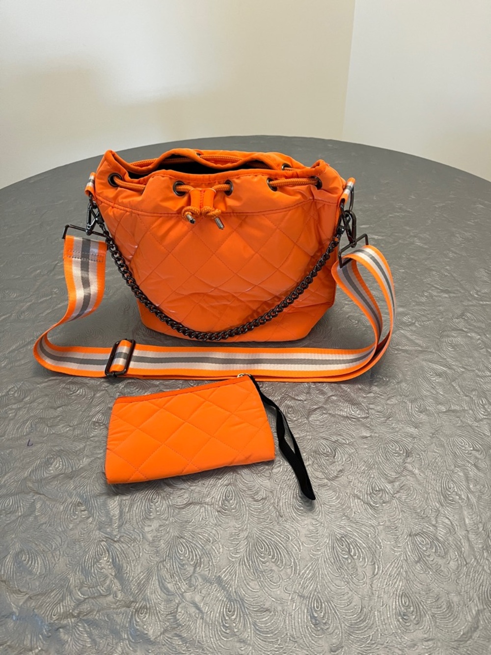 Haute Shore Quilted Orange Drawstring Bucket Bag with Purse